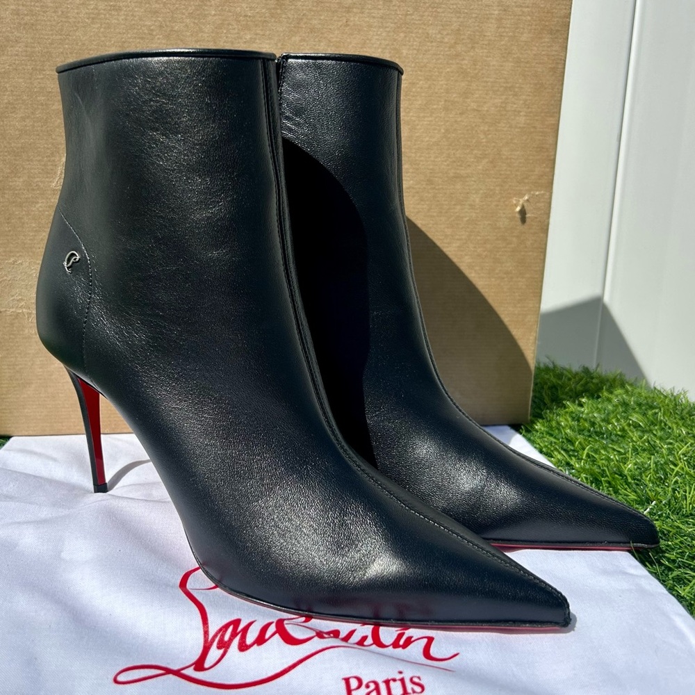 CHRISTIAN LOUBOUTIN SPORTY KATE BOOTY 85 BLACK LEATHER ANKLE BOOT ZIPPER SZ 39 - Picture 7 of 16